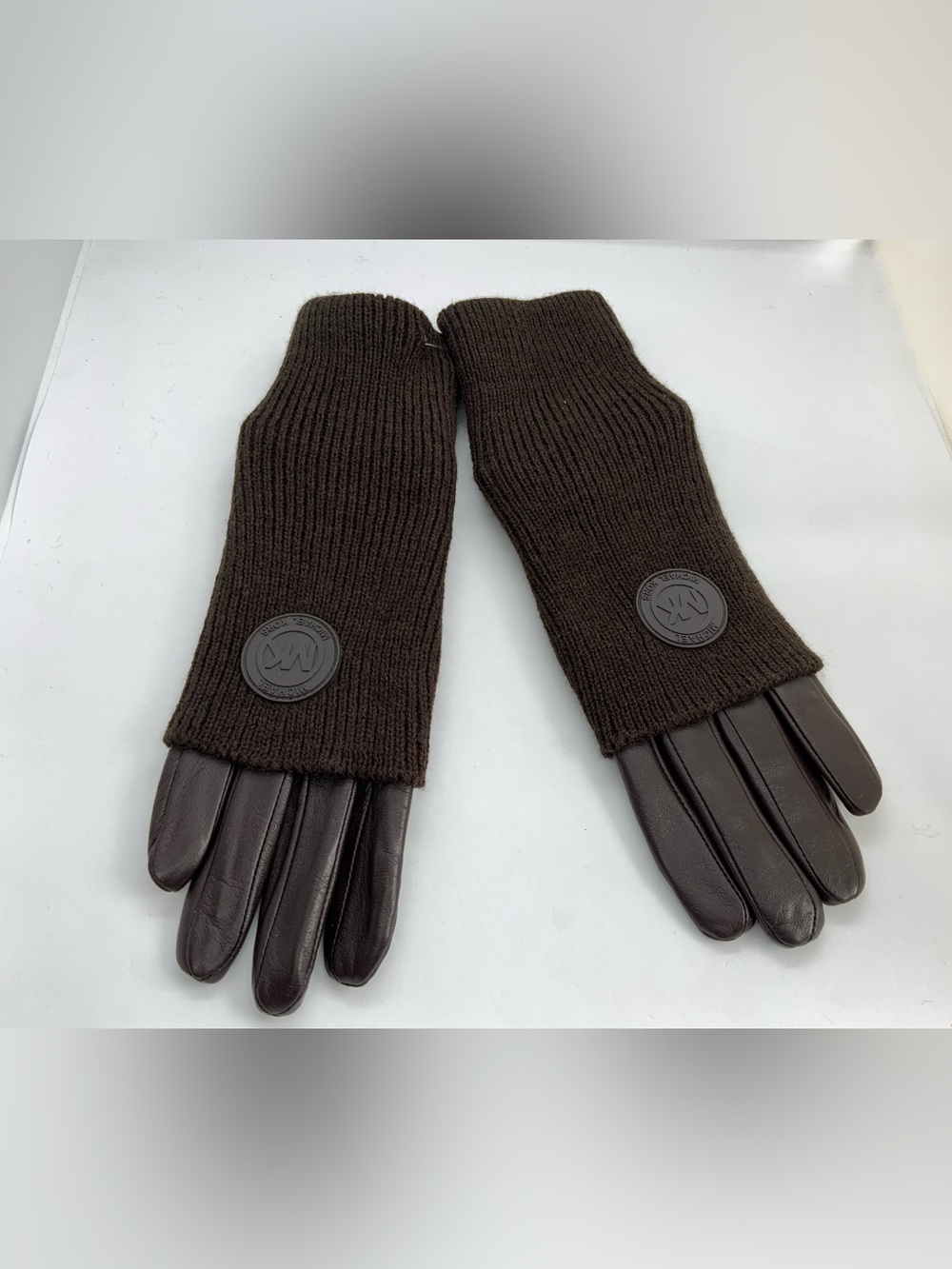 Michael Kors Brown Leather & Knit Gloves
